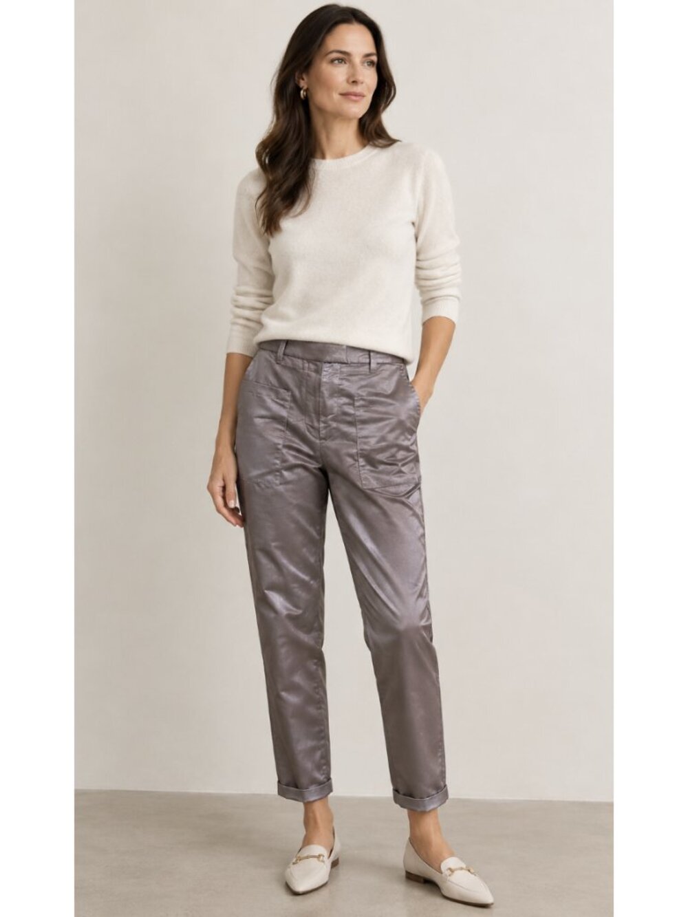 BRUNELLO CUCINELLI Satin Linen Blend Cropped Cargo Dress Pants US 2 Minimalist
